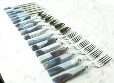 Handmade Blue Lace Agate with Stainless Steel Cutlery Tableware Set, Serves 6