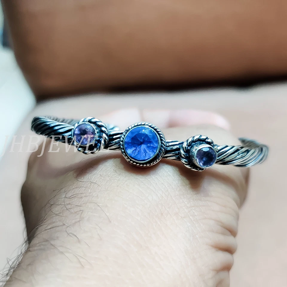 London Blue Topaz & Amethyst Gemstone 925 Sterling Silver Men's Gift Bangle Cuff - Image 4 of 4