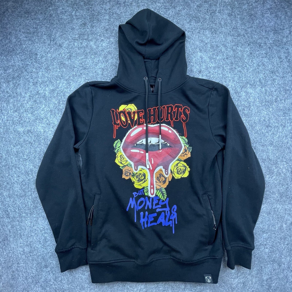 【DISCERNMENT】Unisex Oversized Pigmented Hoodie Civilized Hoodie Mens Medium Love Hurts But Money Heals Lips