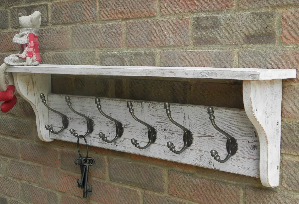 Reclaimed wood Hat and Coat Rack with shelf Rustic Shabby white wash 3 8 hooks