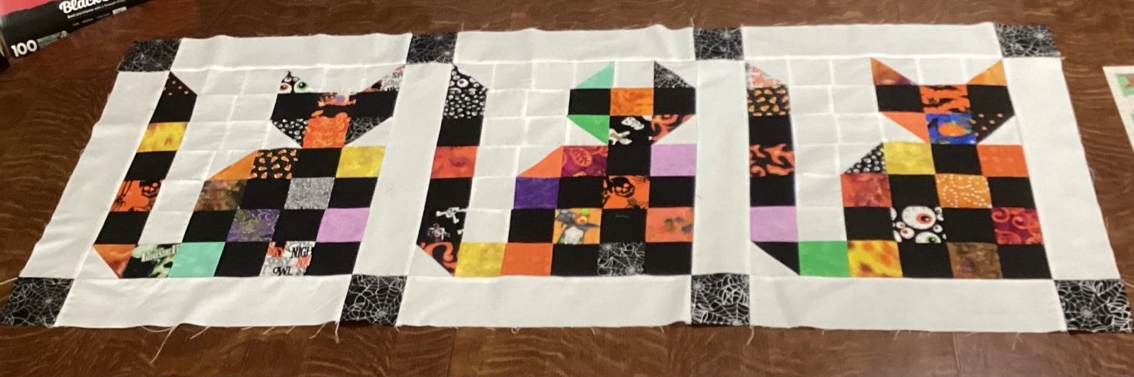 unfinished quilt top table runner Halloween cats