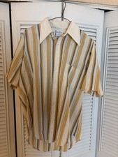 Vintage 70s Arrow White Collar Man Shirt 15.5 Gold Gray Stripe Disco Mod USA