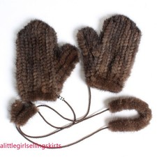 Unisex Real Mink Fur Gloves Knitted Warm Wrist Stretch Mittens Sleeves W String