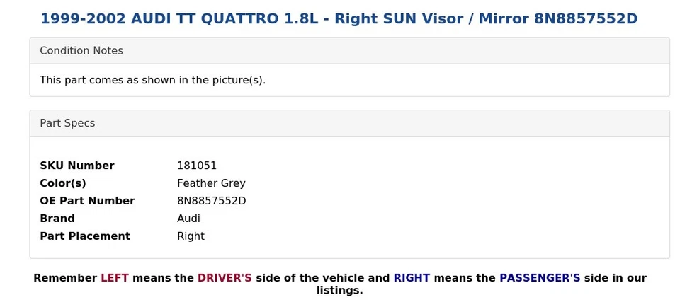 AUDI TT QUATTRO 1999-2002 1,8 L - Parasol derecho / Espejo 8N8857552D Foto 4 de 4