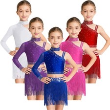 Kids Girls Dress Crop Top Costume Long Sleeve Outfits Waistband Dancewear Shiny