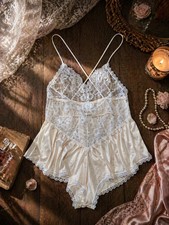 Vintage Lace Teddy Babydoll Lingerie Pink Nylon Crossback USA Womens M