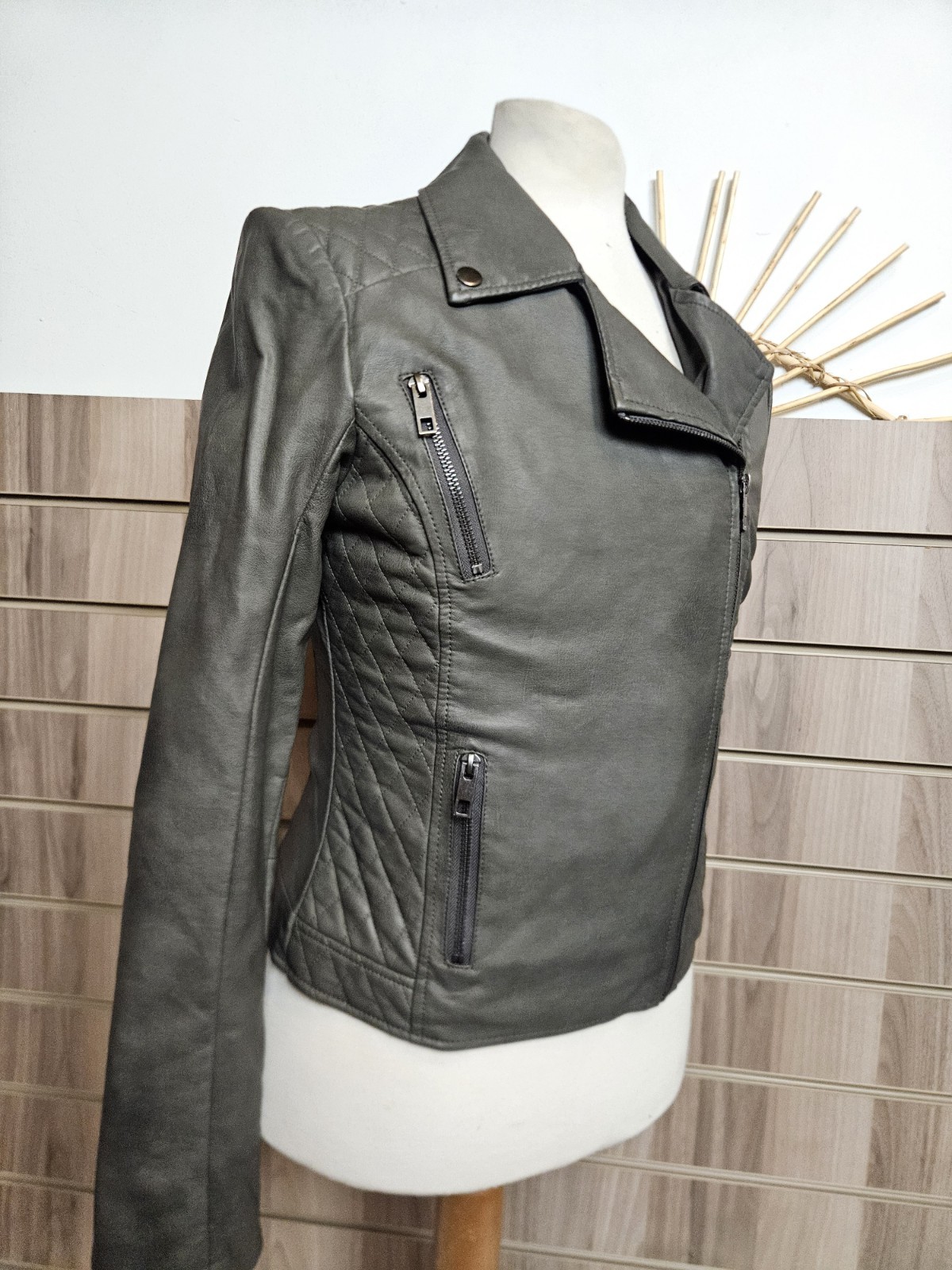 Linea Patent Leather Jacket Womens Weekend Bomber Grey Asymmetrical Coat UK 10 image 7