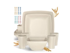 GPED 24 Pcs Wheat Straw Square Dinnerware Sets For 4, Unbreakable Dish Sets