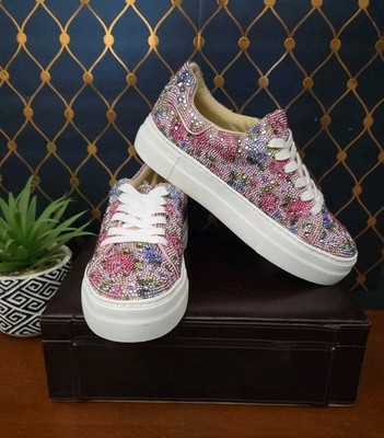 Betsy Johnson Sidney Womans  Floral Rhinestone Sneakers Sz 7M New Free Shipping 
