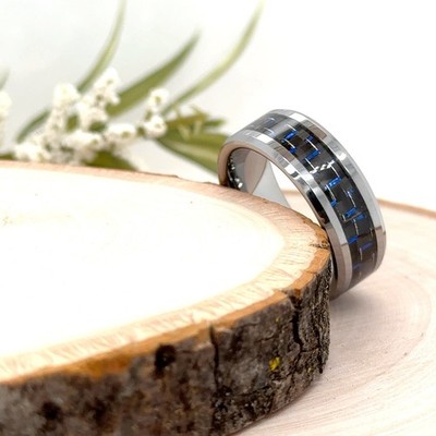 8mm Silver Tungsten Carbide Christmas Ring Blue Carbon Fiber Inlay Unisex Band