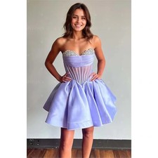 Short Satin Homecoming Dresses Sparkly Strapless Beaded Cocktail Dress Robes