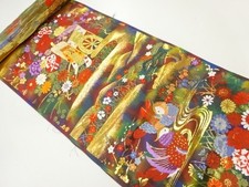 24561# JAPANESE KIMONO / BOLT FOR OBI / SILK / WOVEN FLOWER & BIRD / KINRAND