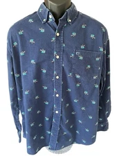 Crown & Ivy Classic Fit Flannel Shirt Men's Large Blue Car Christmas Tree LS