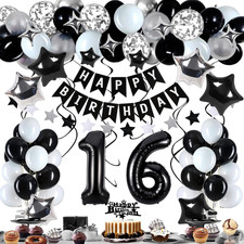 16Th Birthday Decorations for Boy Girl, Black White and Silver Happy 16 Party De