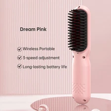 USB Rechargeable Hair Straightener Brush 4-Gear Anti-Scald Beauty HairBrush Pink