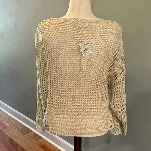 Suéter de punto abierto de malla beige Max Studio Foto 2 de 3