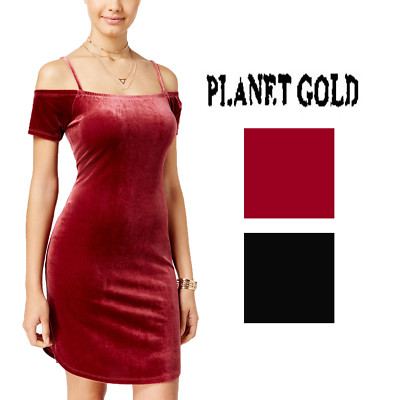 Planet Gold Womens Velvet Bodycon Dress, Red, X-Small