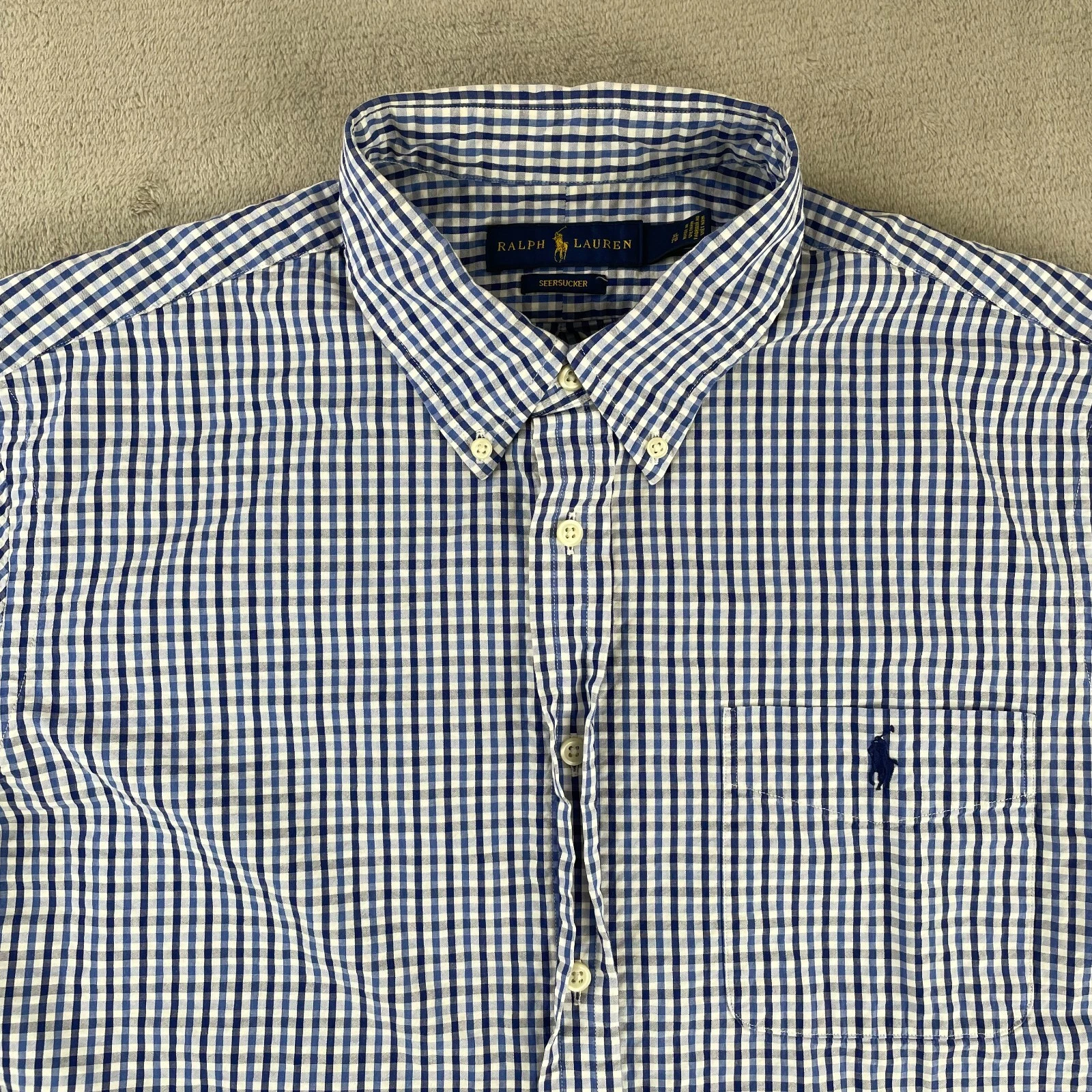 Polo Ralph Lauren Shirt Men XL Blue Seersucker Pony Short Sleeve Preppy Office