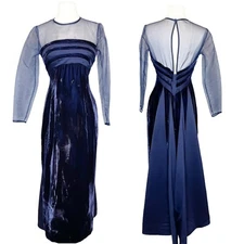 Vintage 90s Victor Costa XS Formal Ball Gown Navy Blue Velvet Dress Sheer Sleeve