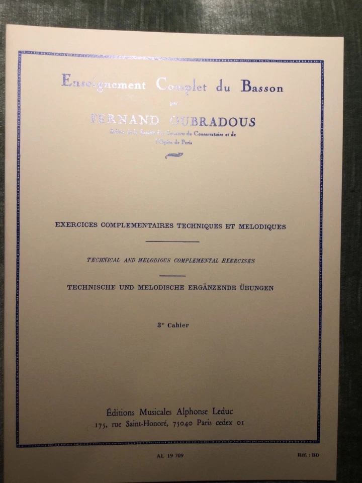 Fernand Oubradous Enseignement complet du basson 3e cahier éditions Leduc