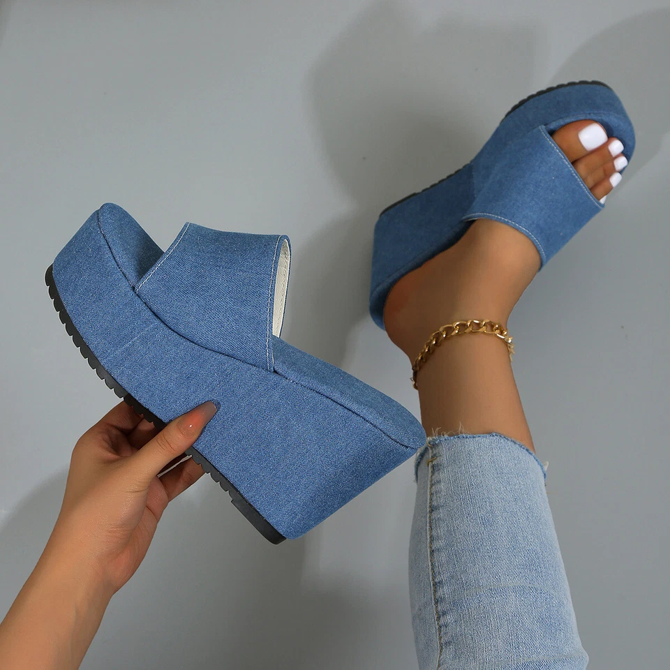 Mujeres Sandalias Verano Cómodas Plataforma Zapatillas Tacones Altos Cuña Denim Zapatos Beac Foto 4 de 4