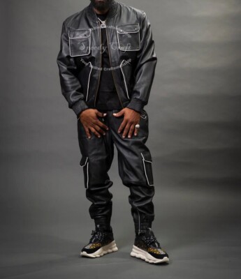 Men's Brayden Genuine Sheep Leather Track Suit Unique Black Sweatsuit