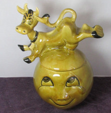 VTG DORRANE COW JUMP OVER THE MOON USA CERAMIC COOKIE JAR GREEN 13 1/2" TALL