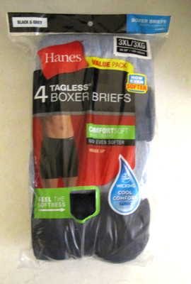 NEW Mens 4 Pack Hanes Tagless Boxer Briefs.Size 3XL.Black & Gray.Comfort Waist.