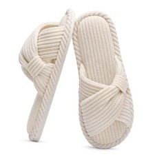 Fall House Slippers for Women Corduroy Cross Bow Indoor Slippers 8-8.5 Beige