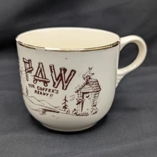 Paw Come Git Yer Coffee Ceramic Tea Cup Mug USA Gold Trim Outhouse Country Farm