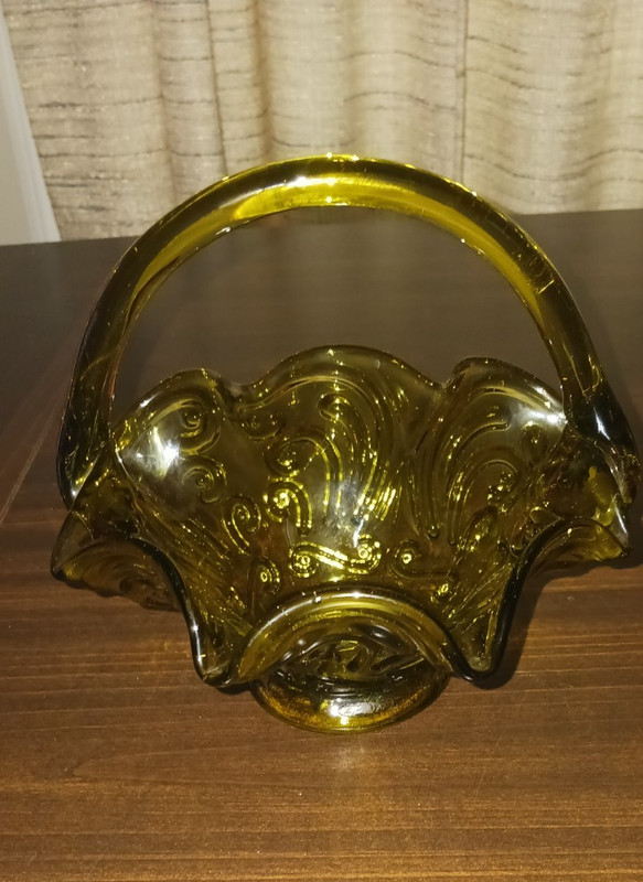 Amber/Green Glass Basket/Candy Dish With Handle