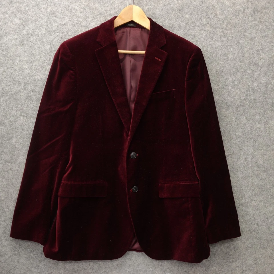 J Ferrar Slim Fit Velvet Blazer Mens 38R S Burgundy Dinner Jacket Holiday Wine - Image 2 of 4