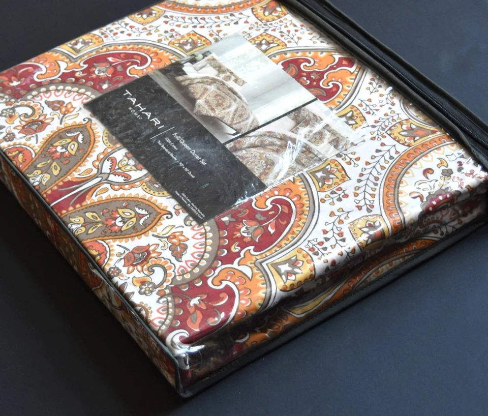 Juego de funda nórdica Tahari Full Queen 100 % algodón rojo naranja diseño medallón damasco Foto 2 de 3