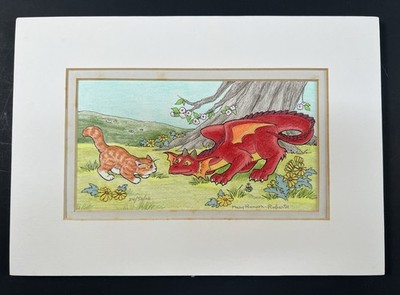 Mary Hanson-Roberts ''Play Date'' Hand Colored 2000 Cat & Dragon Fantasy Art 7x10 