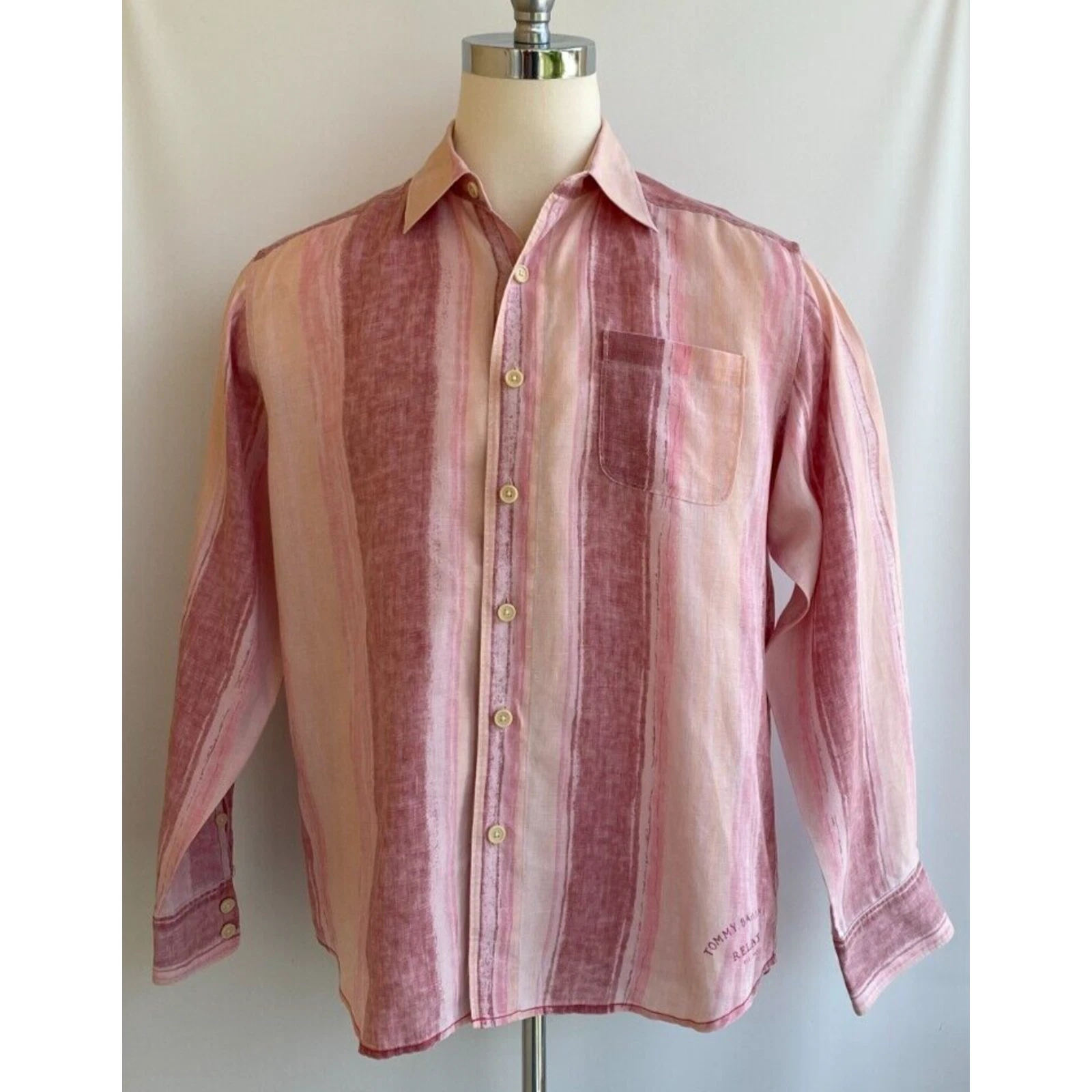 Tommy Bahama 100% Linen Shirt Button Up Long Sleeve Striped Red Pink sz M