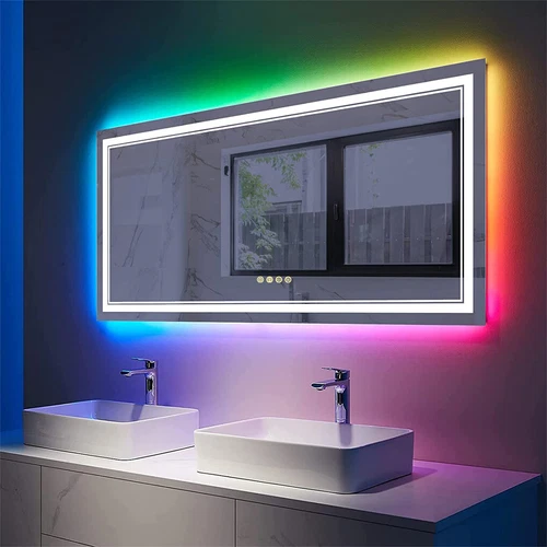 Large Bathroom HD Vanity Mirror RGB Multicolor Backlit+Adjustable Front-Lighted