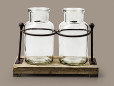 Tisch Deko Glas Vasen 2 Flaschen Holz Tablett Antik Haus Garten Terrasse 19,5 cm