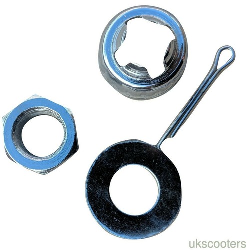 ukscooters VESPA CROMADO CUBO TRASERO TUERCA DE BLOQUEO KIT PX LML T5 PIN TAPA LAVADORA 4 PIEZAS - Imagen 1 de 2