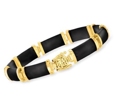 Jade, Agate  ''Good Fortune'' Bracelet in 18K Gold-Plated Silver Noodle Link NWT