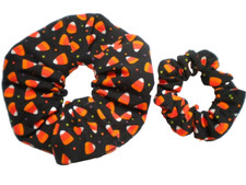 2 CANDY CORN SCRUNCHIES HAIR TIES 100 COTTON HANDMADE IN USA JUMBO  SKINNY