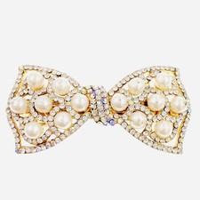 Pearl GLAM BOW BARRETTE Hair Clip Hairpin Rhinestone Crystal Elegant GOLD J31