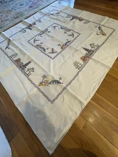 Vintage Cross Stitch Asian Pagoda Linen Tablecloth W/ 5 Matching Napkins 49x46