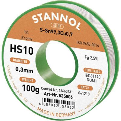 Stannol HS10 593001 Lead Free Welding Sn99.3Cu0.7 0.3mm 100g Coil