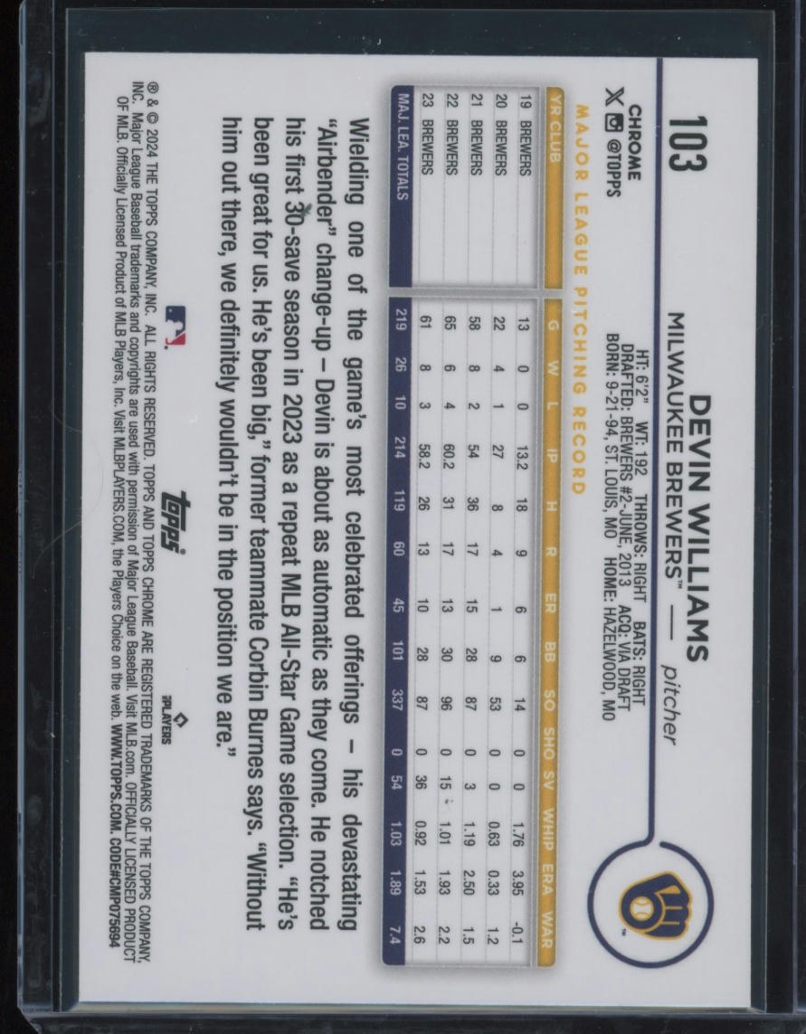 Devin Williams 2024 Topps Chrome Magenta Refractor #323/350 RC