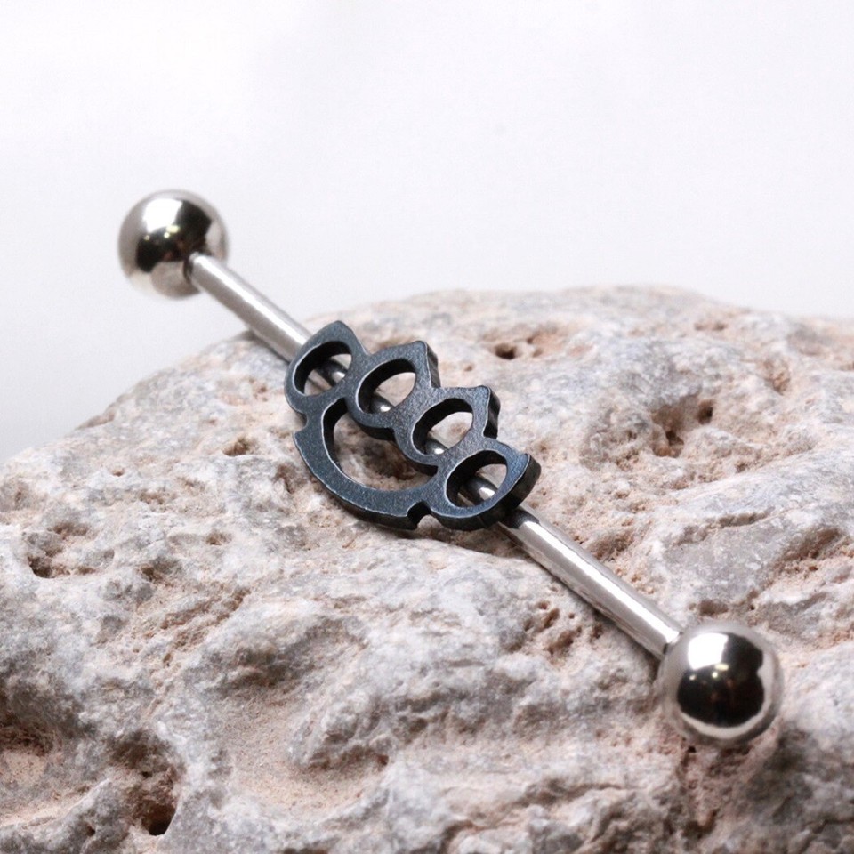 Industrial Barbell 316L Surgical Steel Bar Double Brass Knuckle 1 1/2