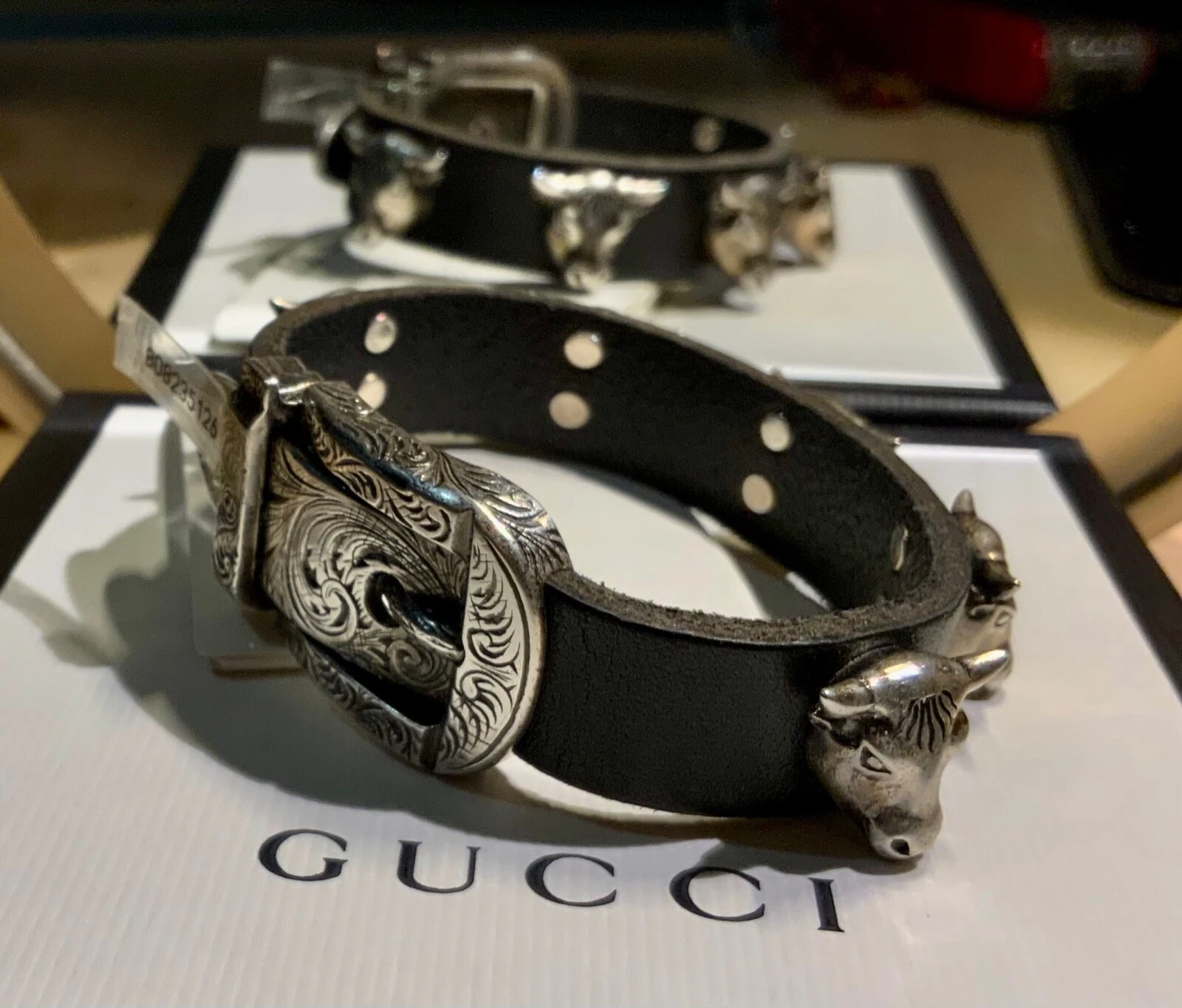 Bracelet tête de taureau forêt GUCCI neuf et authentique cuir argent sterling taille 17