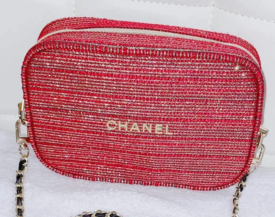 CHANEL Makeup Bag Holiday Gift Set 2022 Red Gold Tweed Cosmetic Pouch ONLY  NIB