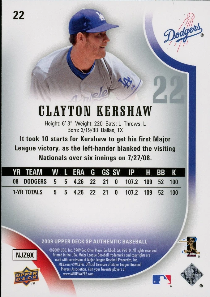 2009 Upper Deck SP Authentic #22 Clayton Kershaw - Image 2 of 2