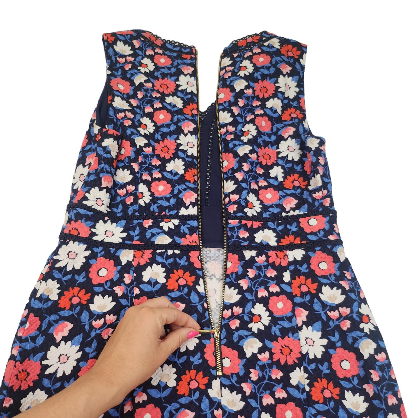 Abito Kate Spade 8 blu bianco rosa floreale collo a V ricamato pizzo gallop elegante