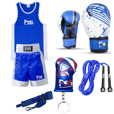 PSS Kinderuniform 5-teiliges Set oben & unten Alter 3-14 Jahre Junior Boxhandschuhe 1004 blau